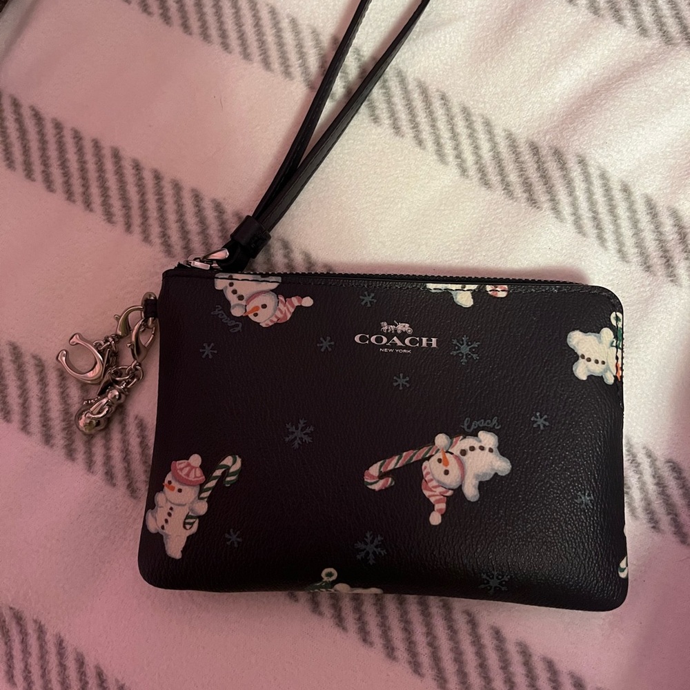 Coach Midnight Blue Wristlet with Snowman Candy Cane Print